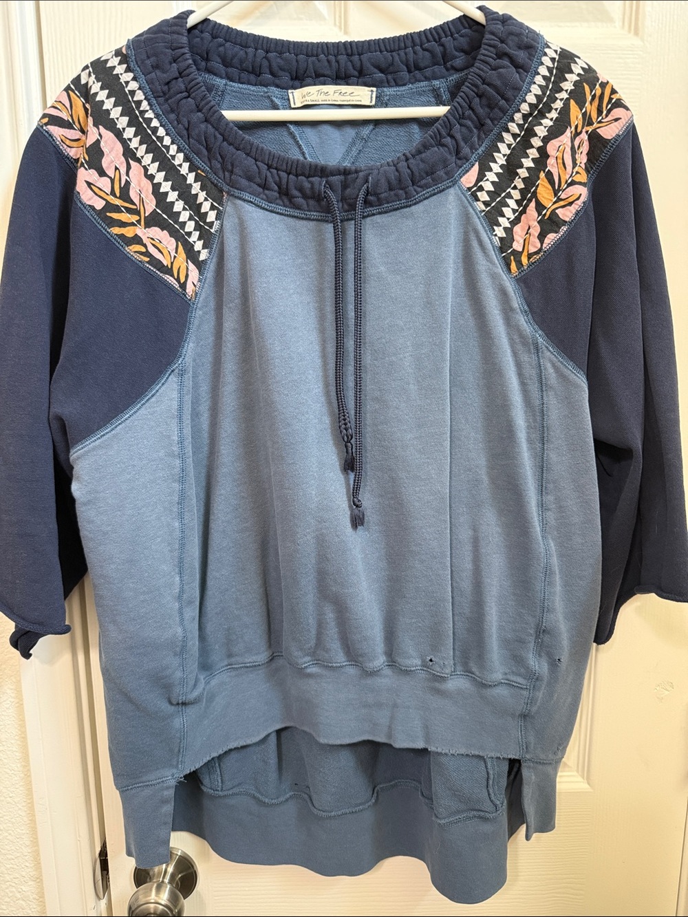 Blue Patchwork Pullover Sweatshirt with Floral Details - We the free Brand